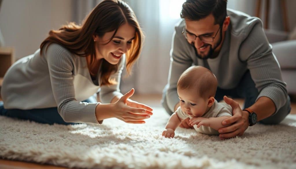 Eltern unterstützen Baby beim Krabbeln